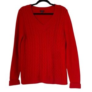 Talbots Sweater Women‎ M Red Lambswool Cable-Knit VNeck Holiday Christmas Warm